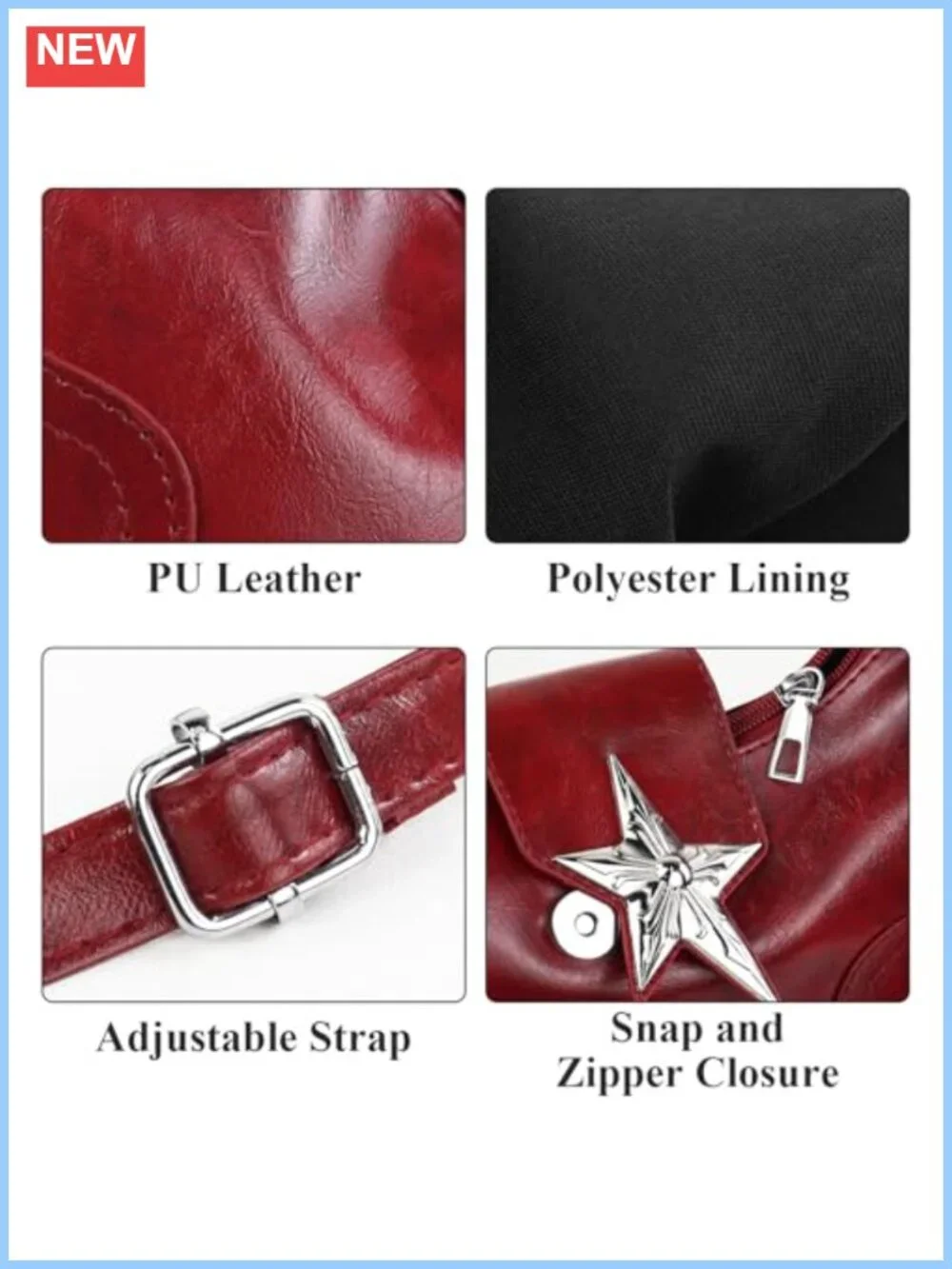 PU Leather Crossbody Hobo Bag Adjustable Strap Snap Star Closure Women's Purse